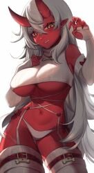 1girl 1girls akumi arm_strap bandages bare_shoulders belt big_breasts breasts choker cleavage elbow_gloves eyebrows_visible_through_hair female fingernails gloves hair_between_eyes horns jewelry large_breasts long_hair looking_at_viewer navel necklace oni oni_horns panties parted_lips pointy_ears red-skinned_female red_gloves red_oni red_skin scars sharp_fingernails silver_hair solo thigh_strap thighhighs underwear underwear_only very_long_hair virtual_youtuber vyugen white_background white_hair white_panties yellow_eyes yoclesh