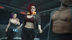 1boy 2girls 3d abs athletic athletic_female bare_midriff big_breasts breasts busty cd_projekt_red cleavage crop_top cyberpunk_2077 dark-skinned_male dark_skin female female_focus fit fit_female fit_male green_hair hand_holding hourglass_figure judy_alvarez light-skinned_female light_skin makeup male pecs pink_hair red_hair rro.lled sex skimpy skimpy_clothes tagme tank_top tattoo two_tone_hair v_(cyberpunk_2077) valerie_(cyberpunk_2077) wide_hips