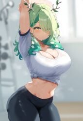 ai_generated big_breasts breasts ceres_fauna cleavage crop_top green_hair hololive hololive_english hololive_english_-council- hololive_english_-promise- horns large_breasts leggings navel sportswear stretching sweat t-shirt thick_thighs tied_shirt virtual_youtuber vtuber yellow_eyes yoga_pants