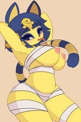 1girls 2019 animal_crossing animal_ears ankha anthro areola areolae arm_up arms_up bandage bandages between_breasts big_ass big_breasts big_eyes blue_eyes blue_hair blush breasts bubble_tea bubble_tea_challenge cat_ears cat_tail cup drink drinking egyptian erect_nipples eye_contact eyelashes eyeshadow feline female female_only furry half-closed_eyes hands_behind_head heart large_breasts looking_at_viewer makeup mascara midriff mostly_nude navel nintendo nipples pinkcappachino pose short_hair simple_background smile solo straw striped_tail thick_thighs thighs wide_hips yellow_background yellow_fur