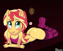 animal_ears equestria_girls female friendship_is_magic furry half-shirt my_little_pony solo sunset_shimmer thong tsudashie word_balloon