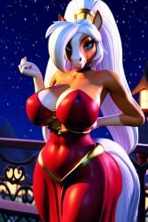 3d ai_generated ai_hands anthro big_butt blue_eyes breast_bigger_than_head choker cleavage cleavage_cutout cosplay draft_horse dress equid equine female_focus furry_female furry_focus furry_only giant_breasts horse_girl long_hair majorfluffy mature_female novelai parody ponytail red_dress shantae shantae_(character) thick_thighs two-tone_body two-tone_fur updo white_hair wide_hips