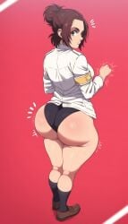 aged_up ai_generated attack_on_titan big_ass big_butt big_thighs black_panties brown_eyes brown_hair d-art_style eldian_armband eldian_flag female_soldier gabi_braun loafers looking_at_viewer looking_back marley_military_uniform massive_ass massive_butt shingeki_no_kyojin soldier solo solo_female solo_focus surprised white_shirt