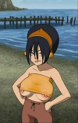 accurate_art_style avatar_the_last_airbender beach biting_lip breasts canonical_scene clothing edit hands_on_hips large_breasts large_nipples screenshot screenshot_edit small_top straight_hair toph_bei_fong underboob visible_nipples yetig young