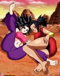 2girls artist_logo ass black_hair black_shorts bodysuit breasts caulifla dark-skinned_female dark_skin deviantart_url dragon_ball dragon_ball_super earrings exhibitionism female female_only foot_fetish foxybulma kale kale_(dragon_ball) large_breasts legs legs_apart miniskirt multiple_girls patreon_logo patreon_url red_skirt shorts skirt source_request