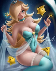 1girls blonde_hair blue_eyes cleavage crown female female_focus hair_over_one_eye hayes-irina human lingerie luma mario_(series) nintendo princess_rosalina super_mario_galaxy thick_thighs thighs wand