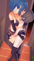 2girls 3d abs athletic_female big_breasts busty crossover danganronpa danganronpa:_trigger_happy_havoc hourglass_figure huge_breasts king_of_fighters kissing koikatsu large_breasts large_breasts_lesbian leona_heidern lesbian_kiss mukuro_ikusaba voluptuous voluptuous_female yuri