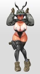 black_hair brown_eyes bunny_costume bunny_ears bunny_girl bunnysuit camouflage hitch_(hitch_driessen/perotoss400/kirochef) large_breasts military rokmc_chan sharp_teeth short_hair tactical tagme tan tanline thick_thighs tomboy