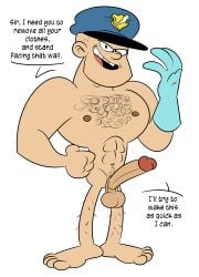 erection gay gloves hairy_chest hairy_legs hat looking_at_viewer muscular muscular_male police security_guard sodabox solo standing the_loud_house