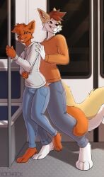 absurd_res anthro canid canine canis clothed clothed_sex clothing curling_tail domestic_cat duo felid feline felis from_behind_position hi_res holding_bulge kochack lock_(lockgarrison) male male/male mammal nervous_smile public public_sex rapid_transit scraps_(bigscraps) sex stomach_bulge tabby_cat tail wolf