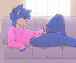 absurd_res anthro blue_body blue_fur blue_hair bodily_fluids clothing foreskin fur furniture genital_fluids genitals hair hi_res humanoid_genitalia humanoid_penis inside long_sleeves male mammal masturbation on_sofa penile penile_masturbation penis pink_clothing pink_shirt pink_topwear precum reclining red_eyes shirt side_view sofa solo tinysmallman topwear window