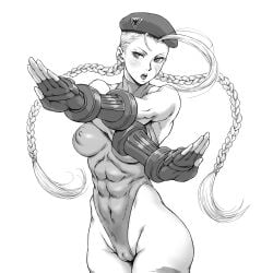 1girls abs abs_visible_through_clothing braided_hair breasts cameltoe cammy_white capcom greyscale leotard mikanntter monochrome nipples_visible_through_clothing open_mouth skin_tight solo street_fighter twintails