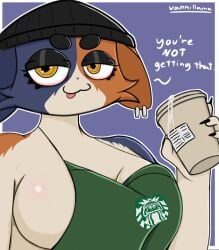 absurd_res anthro apron apron_only beanie beverage big_breasts breasts clothing coffee ear_piercing epic_games felid feline female fortnite hat headgear headwear hi_res mammal meow_skulls_(fortnite) piercing solo tired vannillama