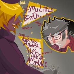 2males bill_cipher clothed_sex clothing cum cum_in_mouth gay gay_sex glasses gravity_falls grey_hair human image older_male sex_slave smile stanford_pines tremble_spikes yellow_hair