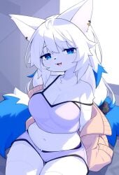 bella_(devil-vox) big_breasts blue_fur breasts cute dev_voxy devil-vox female furry stretching tagme two_tone_fur waking_up white_fur window