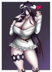 1girls albedo_(overlord) alternate_version_available big_breasts black_hair breasts breasts_bigger_than_head clothing curvaceous curvy curvy_figure demon demon_girl demon_horns female female_only goth goth_girl heart horns huge_breasts ibimsjackyyy long_hair mostly_clothed necklace overlord_(maruyama) phone selfie slit_pupils solo solo_female succubus succubus_horns sweater thick_thighs voluptuous voluptuous_female yellow_eyes