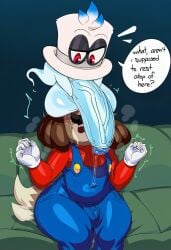 2025 absurd_res ai_generated anthro balls big_balls big_penis bodily_fluids breasts bulge cappy_(mario) clothing dialogue digby_(animal_crossing) duo english_text erection female genital_fluids genitals ghost gynomorph hair hat headgear headwear hellsonger hi_res human intersex male mammal mario_(cosplay) mario_bros nintendo overalls penis precum saliva spirit super_mario_odyssey text text_on_hat text_on_headwear thick_thighs vein