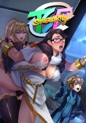 1boy 2girls angel bayonetta bayonetta_(character) bayonetta_3 black_hair blonde blonde_female blonde_hair blue_eyes body_swap body_switch bodysuit bodyswap breasts brown_hair comic comic_cover costume_swap costume_switch exposed_breast exposed_pussy glasses gray_eyes grey_eyes kid_icarus lavender_eyes metroid nintendo nipple_outline nipple_pinch nipples outfit_swap pit pit_(kid_icarus) pointing ponytail samus_aran super_smash_bros. thighhighs tsfsingularity yuri zero_suit