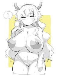 2024 absurd_res animal_humanoid areola big_areola big_breasts big_nipples bodily_fluids breasts closed_eyes dragon dragon_humanoid edalv female greyscale hair hi_res horn horned_humanoid huge_areola huge_breasts huge_nipples humanoid long_hair miss_kobayashi's_dragon_maid monochrome mythological_creature mythological_scalie mythology navel nipples nude pubes question_mark quetzalcoatl_(dragon_maid) scalie simple_background solo sweat