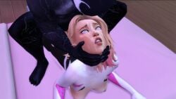 1boy 1girls breasts cum_on_face duo female grabbing_neck gwen_stacy looking_up male/female marvel marvel_comics spider-gwen the_sims_4 venom_(marvel)