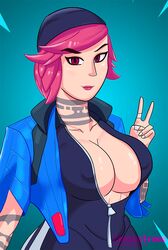 1girls beanie breasts cleavage curvy fortnite jacket jumpsuit large_breasts leather_jacket nitebeam_(fortnite) pink_eyes pink_hair pink_lipstick solo tagme tattoo watermark zeesastrous