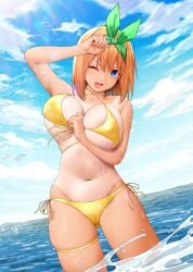 absurdres bikini breasts bridal_garter go-toubun_no_hanayome highres kosmos_beta large_breasts nakano_yotsuba navel paid_reward_available skindentation swimsuit tan tanline variant_set yellow_bikini