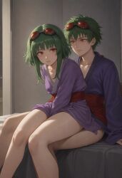 1boy 1girls ai_generated civitai cock_in_ass cum cum_in_pussy female genderswap genderswap_(ftm) genital_fluids goggles_on_head green_hair gumi hetero japanese_clothes male male/female masa_works_design mjdennsfw mv_character oni_to_kitsune_no_hanashi onibi_(vocaloid) purple_kimono red-tinted_eyewear red_eyes red_sash rule_63 self_upload selfcest short_hair sitting_on_person the_doll_owner_(onibi_series) tinted_eyewear vocaloid