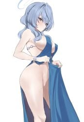 ako_(blue_archive) ako_(dress)_(blue_archive) backless_dress backless_outfit blue_archive blue_dress blue_eyes blue_hair blue_halo breasts clothes_lift dress female hairband halo large_breasts lifting_own_clothes long_hair navel no_panties official_alternate_costume osanpo02 plunging_neckline sideboob sideless_dress single_handcuff skirt skirt_lift sleeveless sleeveless_dress solo standing white_background