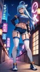 ai_generated aqua_(konosuba) aqua_eyes aqua_hair breasts city city_background cityscape depth_of_field expressionless focus full_body glasses hand_on_hip kono_subarashii_sekai_ni_shukufuku_wo! light light_body light_skin lips long_hair long_sleeves navel navel_piercing neon_lights pose posing posing_for_the_viewer seductive seductive_look seductive_pose shiny shoes sky4maleja thighhighs