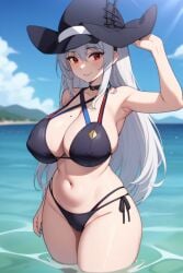 1girl 1girls ai_generated arknights armpit beach big_breasts big_thighs bikini black_bikini black_bra black_choker black_thong blurry_background busty choker cleavage cowboy_shot female grey_hair hand_on_hat hat large_breasts long_hair pixai red_eyes seaside seductive seductive_eyes seductive_look seductive_smile self_upload silver_hair smile specter_(arknights) swimsuit swimwear thick_thighs thong thong_bikini thong_swimsuit wide_hips