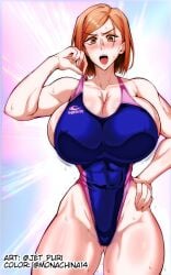 1girls alternate_breast_size big_breasts blush busty cleavage female female_only giant_breasts gigantic_breasts highleg_swimsuit huge_breasts jet_puri jujutsu_kaisen kugisaki_nobara one-piece_swimsuit orange_eyes orange_hair solo sweat swimsuit