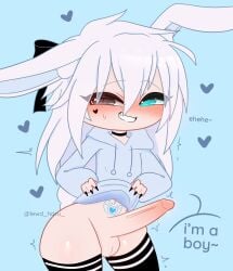 blushing_at_viewer bunny_boy bunny_ears bunny_tail femboy gacha haru_(lewd_haru) hearts_around_body lewd_haru_(artist) massive_penis shirt_lift smiling_at_viewer tattoo_above_penis thick_thighs thighhighs