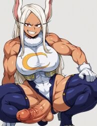 1girls ai_generated bodysuit breasts bunny_ears bunny_tail dark-skinned_female futanari goonedoutp3rv grin huge_cock large_breasts long_eyelashes long_hair looking_at_viewer miruko muscular muscular_female muscular_futanari my_hero_academia penis red_eyes rumi_usagiyama solo squatting thick_thighs thighhighs white_hair