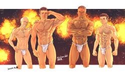 4boys abs age_difference bara brown_hair crossed_arms daddy dilf fundoshi fundoshi_only hand_on_head height_difference highres male male_only muscles muscular muscular_arms muscular_legs muscular_male muscular_thighs original original_character pecs rokushaku_fundoshi shaved_head short_hair six_pack sohma white_fundoshi