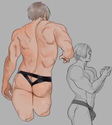 back back_muscles back_view bara barazoku buff bulge buttocks erection_under_clothes glacierclear jockstrap jockstrap_bulge jockstrap_only leon_scott_kennedy male male_focus male_only muscle muscles muscular muscular_arms muscular_male no_visible_genitalia pecs pinup resident_evil resident_evil_2 resident_evil_4 scar scars_all_over sketch_page solo_focus solo_male toned toned_body toned_male