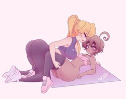 2girls ass big_breasts blonde blonde_hair blue_eyes brown_hair multiple_girls original peachpurin pink_shoes purple_eyes small_breasts undressing white_background yoga_pants yuri