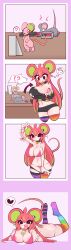 1girls big_breasts black_eyes body_swap cleavage clothed collar long_hair mallang marcy_(mousewife) pink_eyes rodent rodent_humanoid shorts size_difference stockings undressing undressing_self