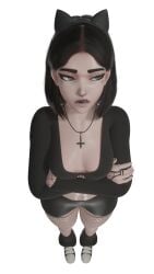 1girl 1girls 3d 3d_(artwork) 3d_artwork 3d_model 3d_render animal_ears annoyed annoyed_expression annoyed_face arms_crossed arms_crossed_under_breasts belly_button black_and_white_shoes black_crop_top black_fingernails black_hair black_lipstick black_nail_polish black_nails black_shoes black_shorts blender blender_(software) blizzard_entertainment breasts cat_ears cleavage clothed clothed_female clothing crop_top cross_necklace crossing_arms fake_animal_ears female female_focus female_only fishnet fishnet_armwear fishnet_legwear fishnet_stockings fishnet_thighhighs fishnets freckles freckles_on_face french_tip goth goth_girl gothic grey_eyes kiriko_(overwatch) lip_piercing lip_ring lipstick_ring long_fingernails looking_away medium_breasts medium_hair medium_hair_female mslewd mslewd_(artist) overwatch overwatch_2 pale-skinned_female pale_skin ring rings shoes solo solo_female solo_focus white_background white_shoes