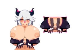 1boy 1girls after_sex after_vaginal animated armwear bouncing_breasts breasts cowgirl_position cum cum_in_pussy cum_inside demon_girl demon_horns fangs game_cg huge_breasts inverted_nipples kogoeruretasu legwear loop looping_animation lustful_dreamers mea_(lustful_dreamers) multiple_views nipples on_top penis pink_eyes pixel_animation pixel_art pussy smile star_eyes star_shaped_pupils succubus tagme thighhighs top_heavy transparent_background vaginal_penetration white_hair