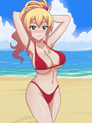 beach big_breasts bikini blonde_hair blush blushing_at_viewer female green_eyes hajimete_no_gal looking_at_viewer ponytail red_bikini shablagooo solo yame_yukana