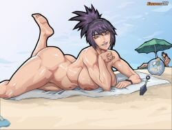 ass beach black_hair equinox006 feet female light_skin looking_at_viewer mitarashi_anko naruto ninja ninja_girl nipples nude sand seductive seductive_eyes seductive_look seductive_smile smile smiling smiling_at_viewer solo solo_female solo_focus tomboy