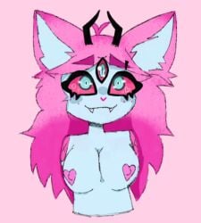 1girls anthro blue_body breasts emberlynn_pinkle_(demon_form) emberlynn_pinkle_(helluva_boss) female female_focus female_only furry heart_pasties helluva_boss long_hair pink_background pink_hair smile three_eyes yummyratzsoup