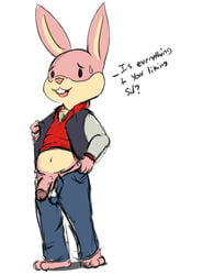 arcade_bunny bodily_fluids circumcised clothing hi_res lagomorph leporid male male_only mammal nintendo nintendo_badge_arcade offering_(disambiguation) penis pubes rabbit simple_background solo sweat sweatdrop tweecredo video_games white_background