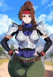 1girls ai_generated armor brown_eyes brown_hair creamy_ai curvy final_fantasy_vii jessie_rasberry large_breasts pants solo thiccwithaq_(ai_style) thick_thighs wide_hips