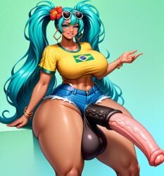 1futa ai_generated aqua_eyes aqua_hair big_balls big_penis brazil brazilian brazilian_futa brazilian_miku clothed clothing denim_shorts futanari hatsune_miku horse_penis horsecock horsecock_futanari huge_cock human_with_animal_genitalia human_with_horsecock latin_american_hatsune_miku_(meme) latina long_hair long_penis pointer_warrior_ai short_shorts thick_thighs thong_aside vocaloid