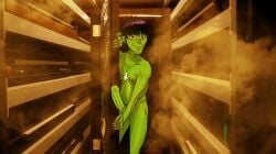 1boy black_hair colored_skin cum cum_on_body cum_on_upper_body erection eye_contact gorillaz green_skin hi_res hot large_penis looking_at_another murdoc_niccals penis sauna seductive_gaze seductive_smile smile smirk solo sweat testicles third-party_edit