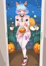 absurd_res alternate_version_available animal_ears blue_hair breasts collar condom condom_accessories egg_vibrator exhibitionism guardian_tales halloween hana_(guardian_tales) handcuffs highres id_card kuda_aer_(artist) leg_cuffs legwear long_gloves magenta_eyes medium_breasts mouth_gag nipple_clamps pumpkin tagme tail thighhighs white_gloves white_legwear writing_on_breasts