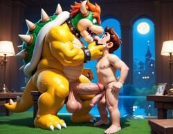 2boys abs ai_generated anthro anthro_dominating_human balls bara big_balls big_dom_small_sub big_muscles big_nipples big_pecs big_penis booster_rex bowser daddy dilf dominant dominant_anthro dominant_male duo erect_nipples erection fangs frottage gay green_body holding_partner horn huge_balls huge_cock huge_muscles huge_nipples huge_pecs human human_on_anthro humansub hunk interspecies koopa larger_anthro larger_male luigi male male_only mario_(series) multicolored_body muscular muscular_anthro muscular_male navel nintendo nipples nude pecs penis red_hair reptile scalie size_difference smaller_human smaller_male spiked_bracelet spiked_collar spiked_shell submissive submissive_human submissive_male super_mario_bros. yellow_body