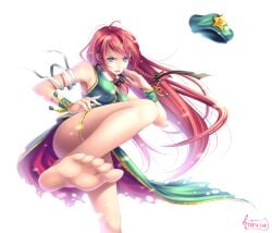 barefoot blue_eyes braid chinese_dress dress feet female foot_focus hat hong_meiling kicking long_hair long_legs martial_arts pixiv red_hair soles solo tidsean toes touhou twin_braids unworn_hat unworn_headwear