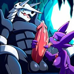 1boy 1girls aggron ai_generated blowjob furry large_penis larger_male pokemon pokemon_(species) precum sableye saliva_drip saliva_on_penis saliva_on_tongue yiff